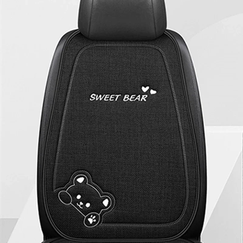 Cute Bear Car Seat Cushion Breathable Anti Slip Linen Seat Cover Universal