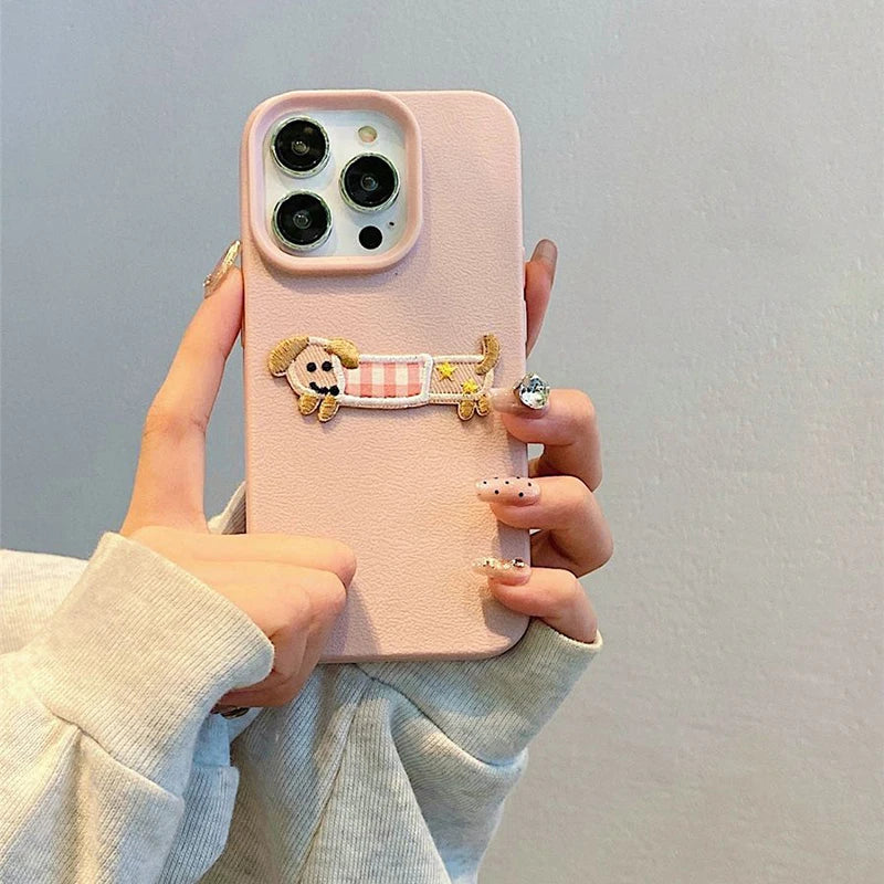 Cute 3D Cartoon Embroidery Puppy Leather Pattern iPhone Case