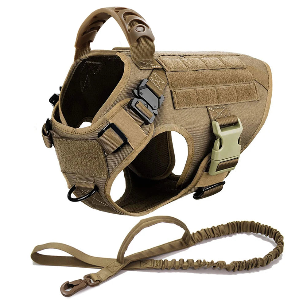 Large Dog Harness Collar Leash Set with Molle Pouches for Training Walking