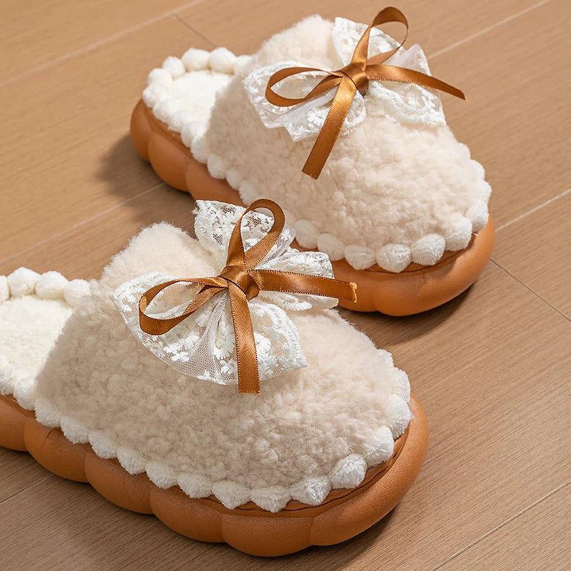 Women Winter Fur Slippers Thick Sole Non Slip Plush Home Indoor Bow Warm Shoes