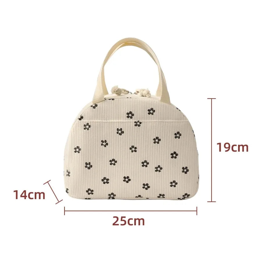 Corduroy Thermal Insulated Lunch Bag Cute Print Large Capacity Handbag