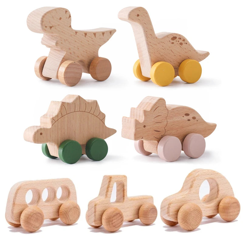 Wooden Dinosaur Baby Car Teether Montessori Toy