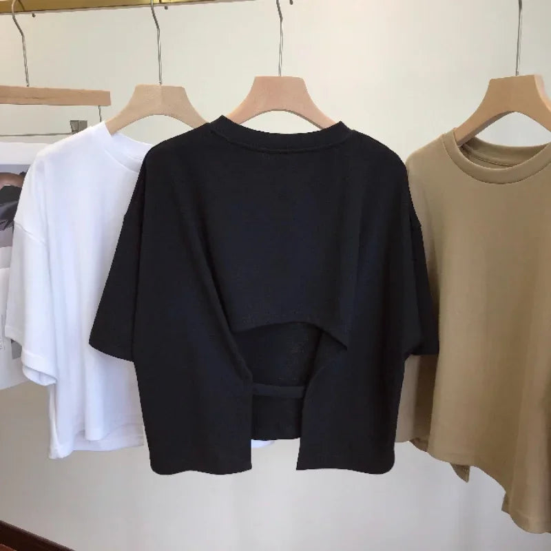 Women Backless Crop Top Short Sleeve Loose Casual Summer T Shirt