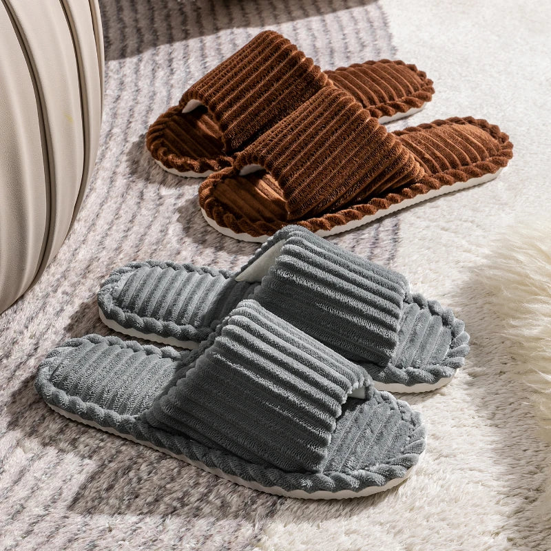 Corduroy Open Toe Slippers Unisex Cozy Indoor Home Slides Soft Anti-Slip Minimalist Shoes