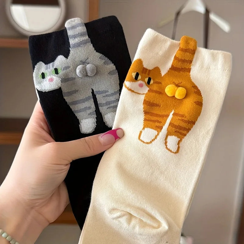 3D Cute Cat Socks Women Mid Tube Sleep Socks Black White Cat Print Floor Socks