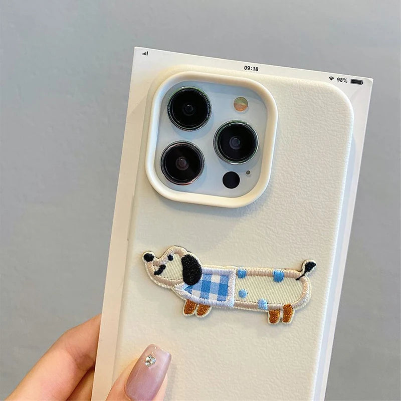 Cute 3D Cartoon Embroidery Puppy Leather Pattern iPhone Case