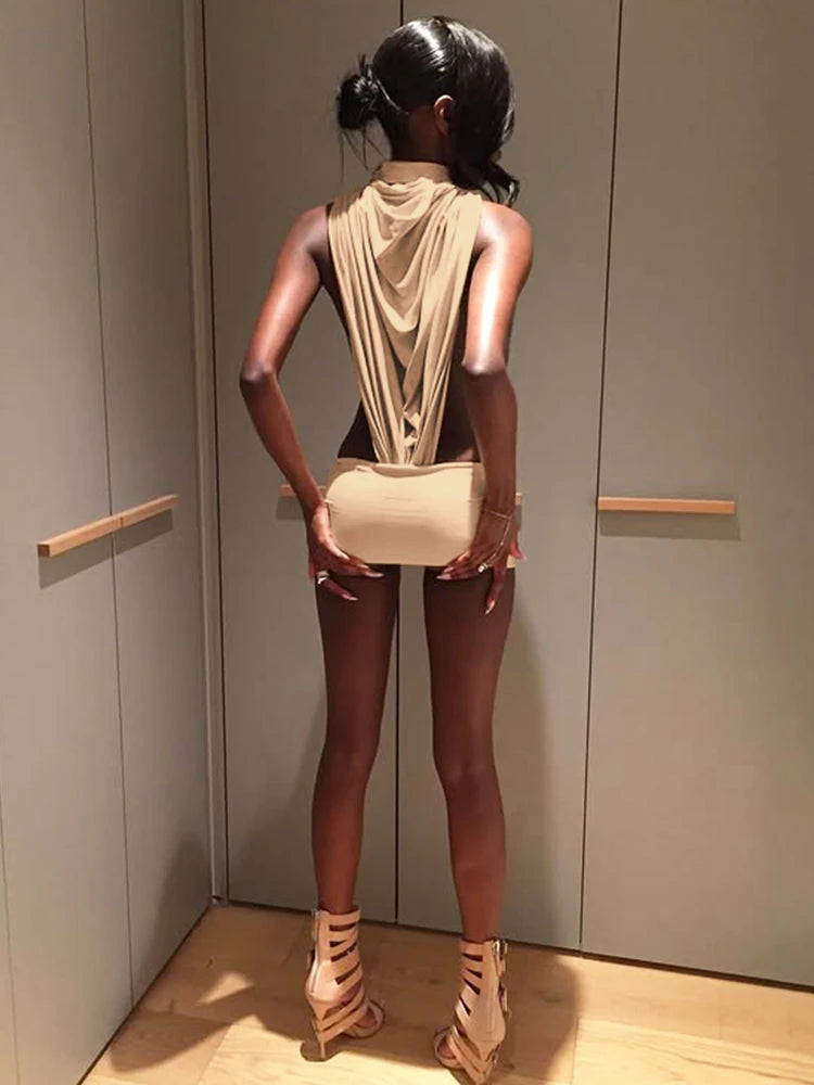 Women 2 Piece Set Turtleneck Cut Out Bodysuit Ruched Mini Skirt Sexy Outfit