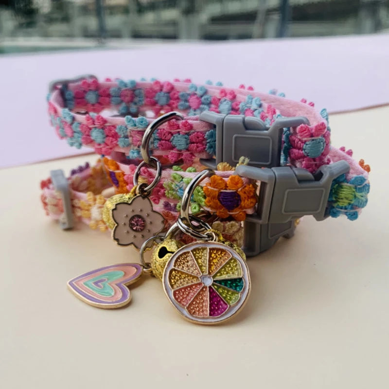 Rainbow Flower Cat Collar with Bell Adjustable Cute Lace Collar for Cats and Puppies