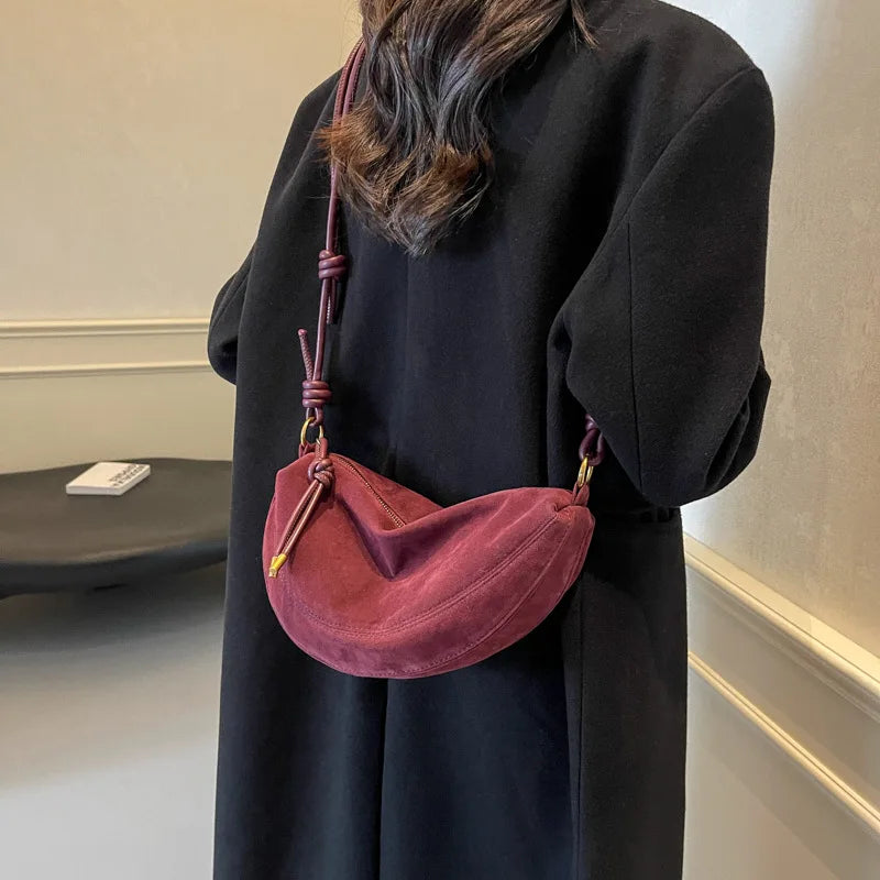 Women Faux Suede Shoulder Bag Underarm Crossbody Dumpling Bag