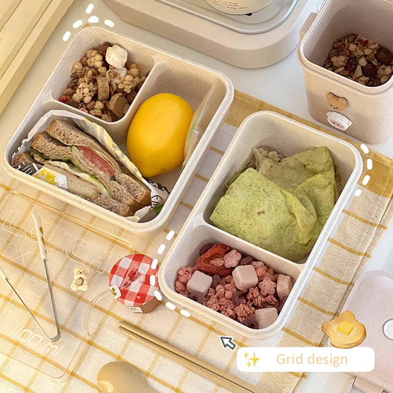 1100ml Lunch Box Bento Box with Spoon & Chopsticks Microwave Safe Wheat Straw Food Container for Kids Adults School Office