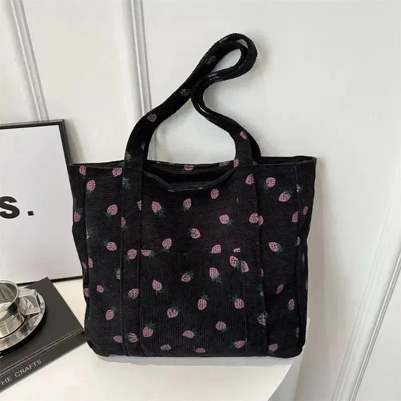 Women Corduroy Shoulder Tote Bag Strawberry Print Large Capacity Commuter Handbag