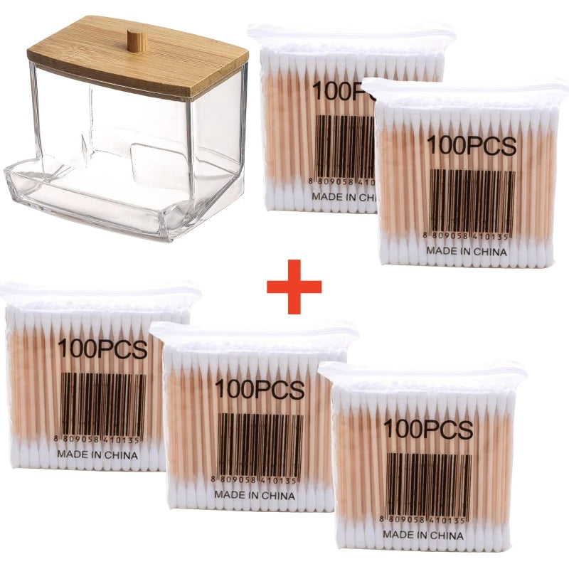 Cotton Swab Storage Box with Bamboo Lid