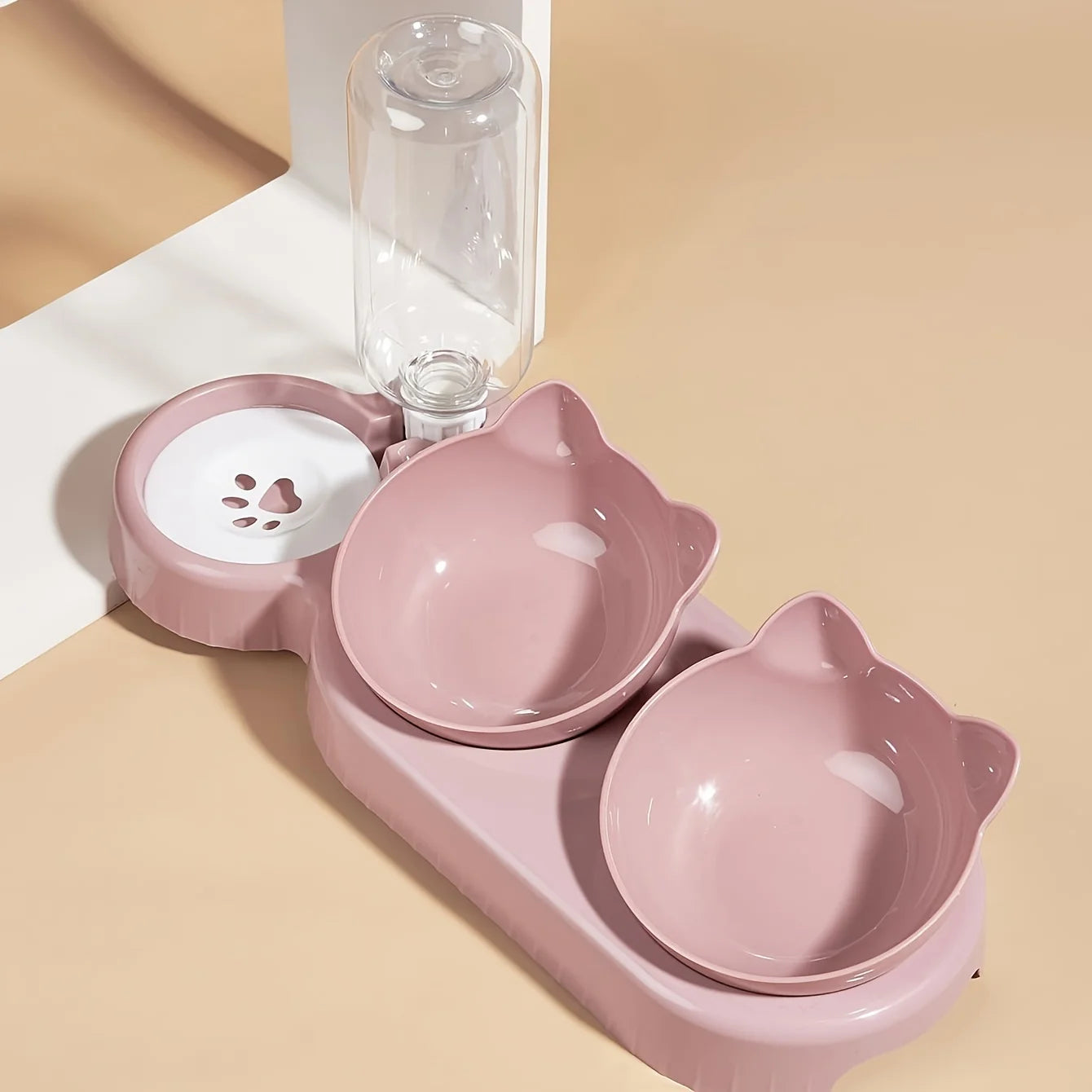 3 in 1 Tilted Cat Bowl Set with Gravity Water Feeder Neck Protection Design