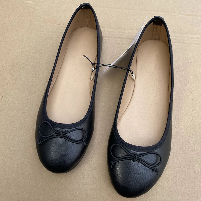 Women Bowknot Ballet Flats Round Toe Slip On Leather Loafers 2026