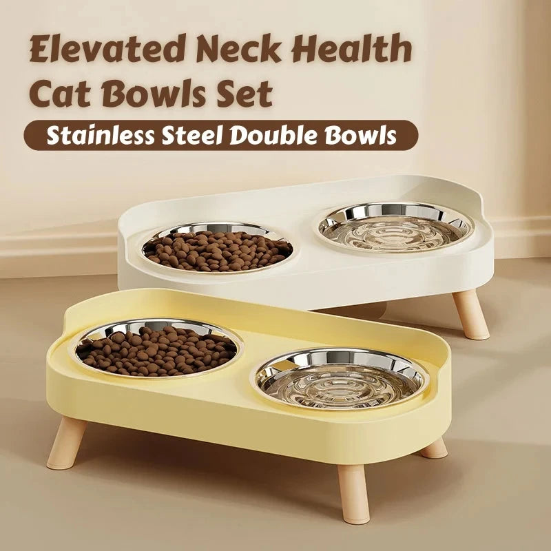 Raised Pet Feeder Bowl Set – Dual Stainless Steel Bowls for Cats and Small Dogs