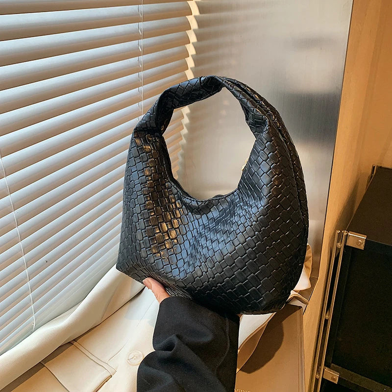 Women Woven Embossed Hobo Bag Soft PU Leather Shoulder Handbag