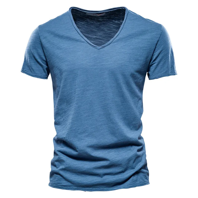 Men Cotton V-Neck Slim Fit T Shirt Short Sleeve Fashion Basic Tee