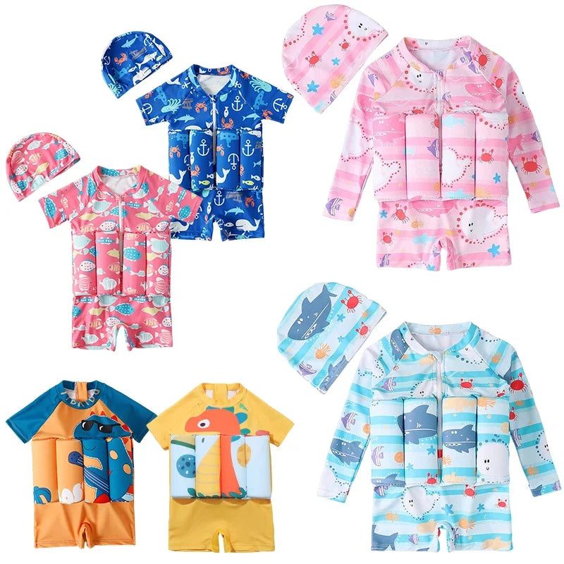 Kids Buoyancy Swimsuit Cartoon Print Floating One Piece Swimwear
