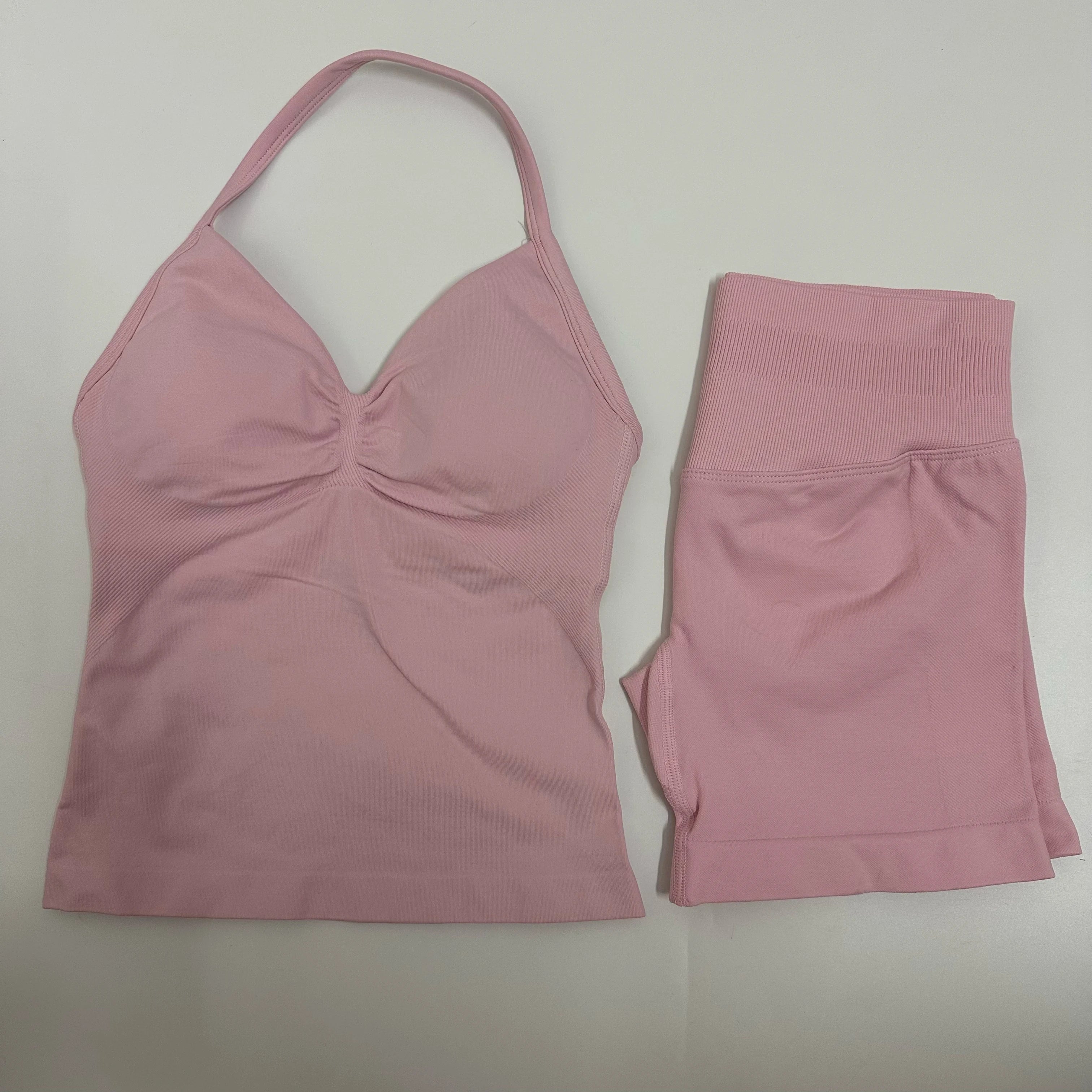 Seamless Yoga Set Women Strappy Tank Top Scrunch Shorts Gym Workout Outfit