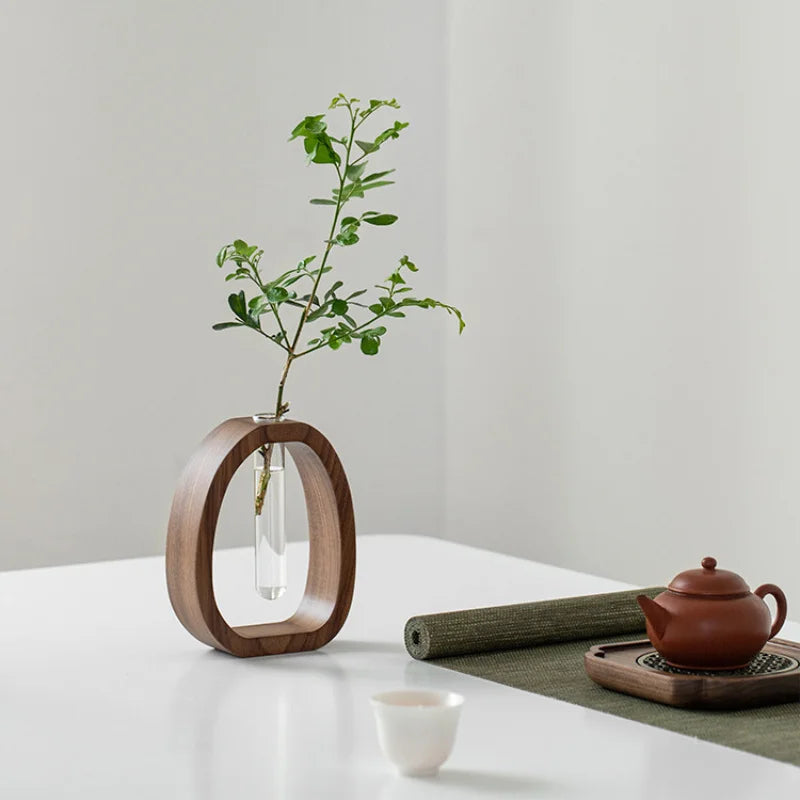Solid Wood Flower Vase Glass Insert Mini Hydroponic Plant Holder Decor
