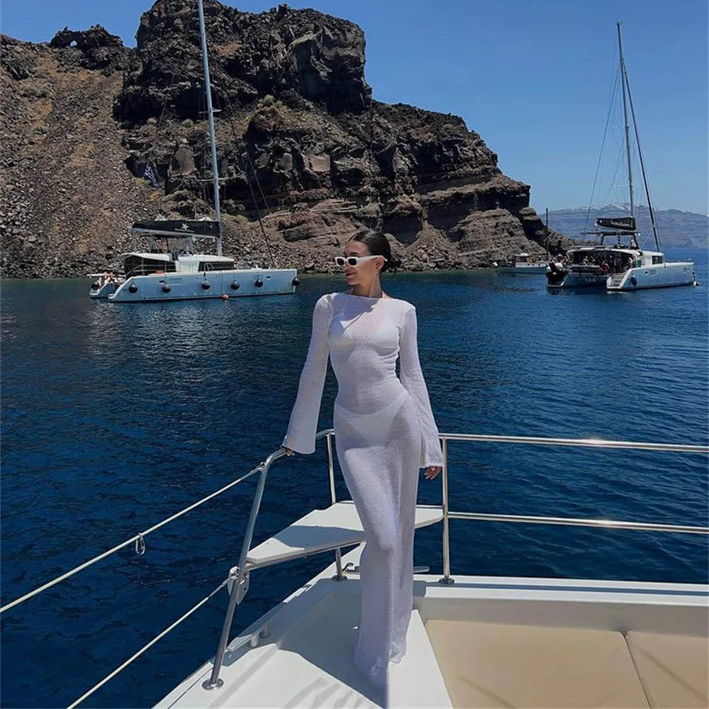 Women Sheer Backless Long Beach Cover Up Dress Long Sleeve Solid Color Maxi Dress