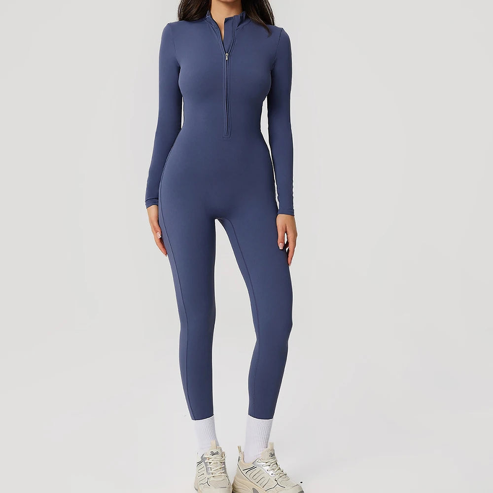 Women Long Sleeve Yoga Jumpsuit Zipper One Piece Fitness Workout Bodysuit Slim Fit