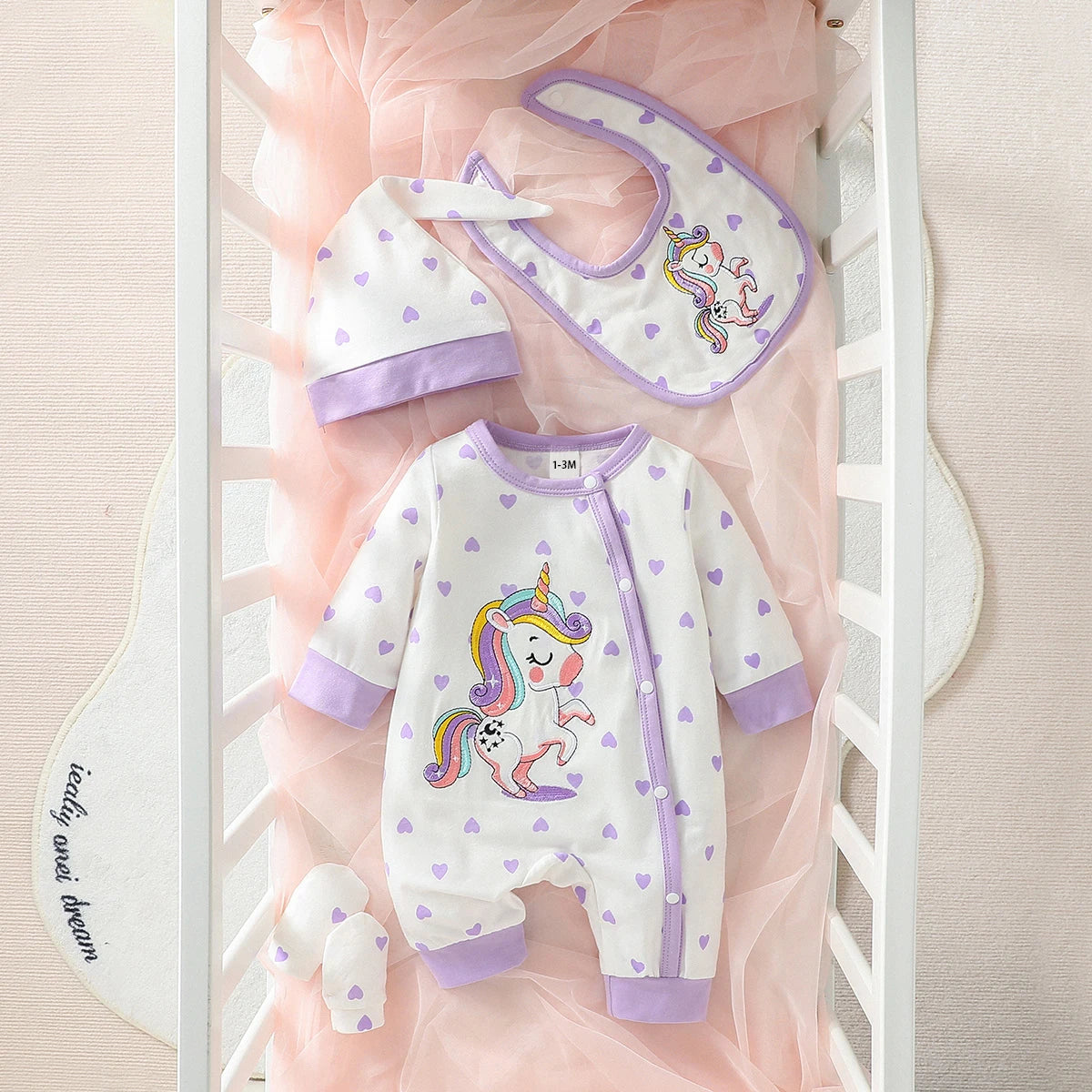 Newborn Baby Girl 4PCS Bear Polka Dot Jumpsuit Set with Hat Bib