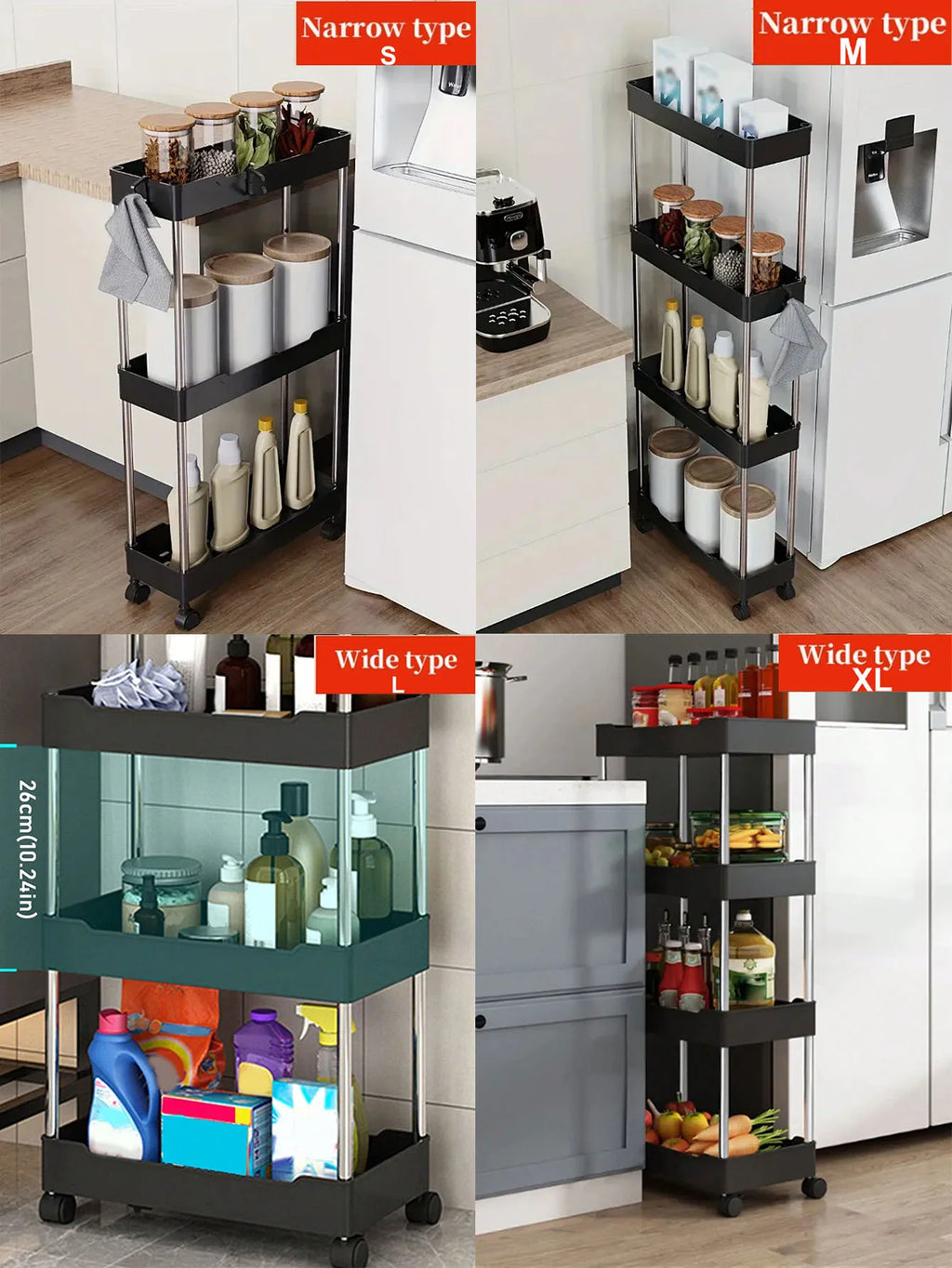 3/4 Tier Rolling Utility Cart Slim Storage Shelf Movable Kitchen Bathroom Rack
