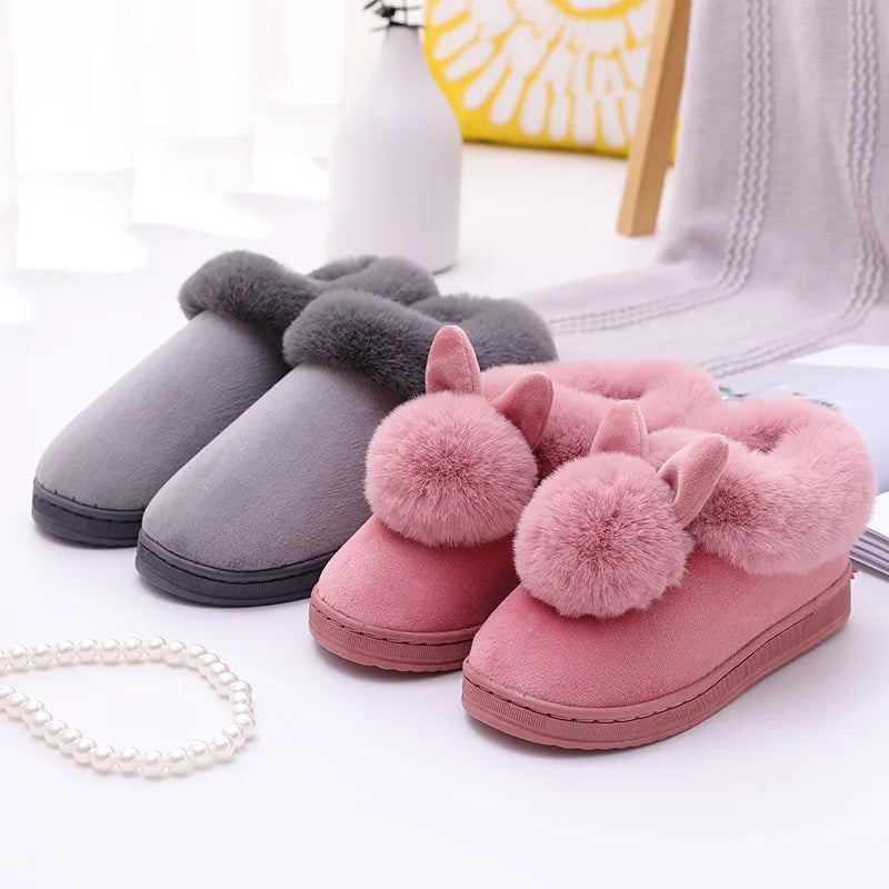 Winter Plush Slippers Thick Sole Couple Indoor Faux Rabbit Fur Closed Back House Shoes