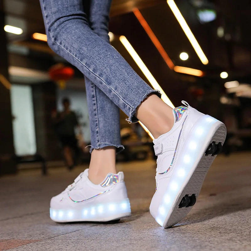 Kids LED Roller Skate Shoes Flashing 4 Wheel Light Up Sneakers