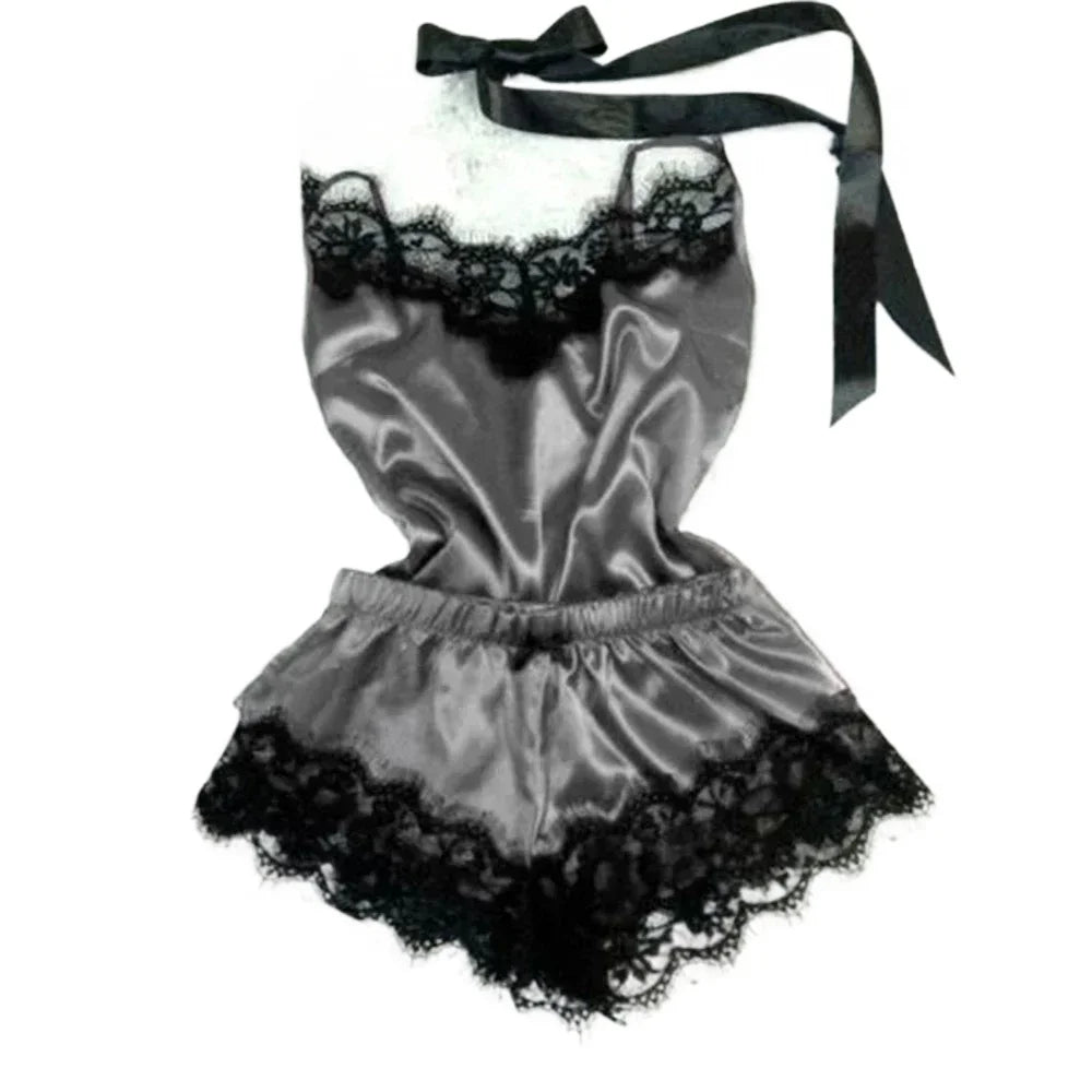 Women Lace Silk Pajama Set Cami Top & Shorts Sleepwear Sexy Lingerie Set