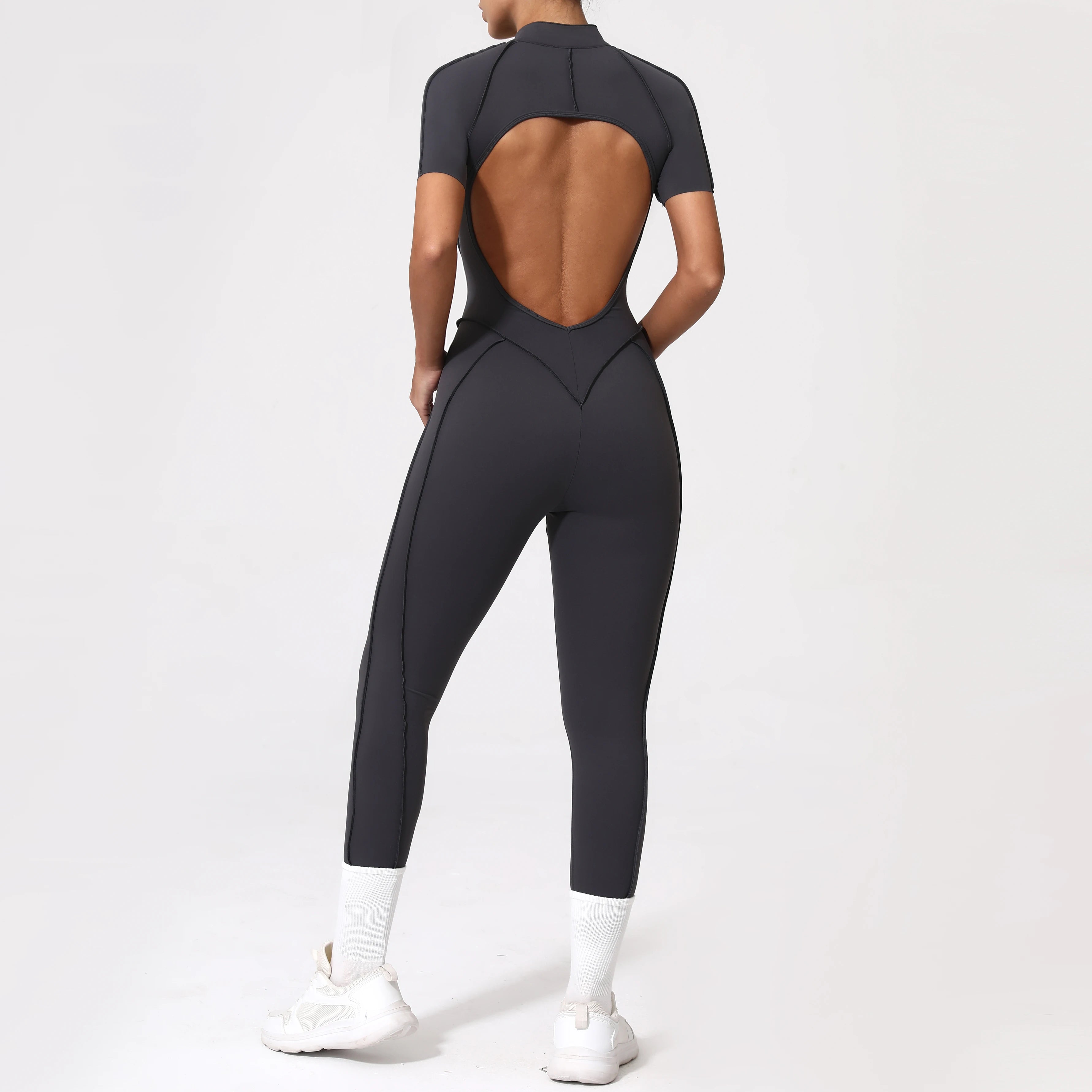 Women Backless Yoga Jumpsuit Zipper Gym Fitness Bodysuit Sportswear
