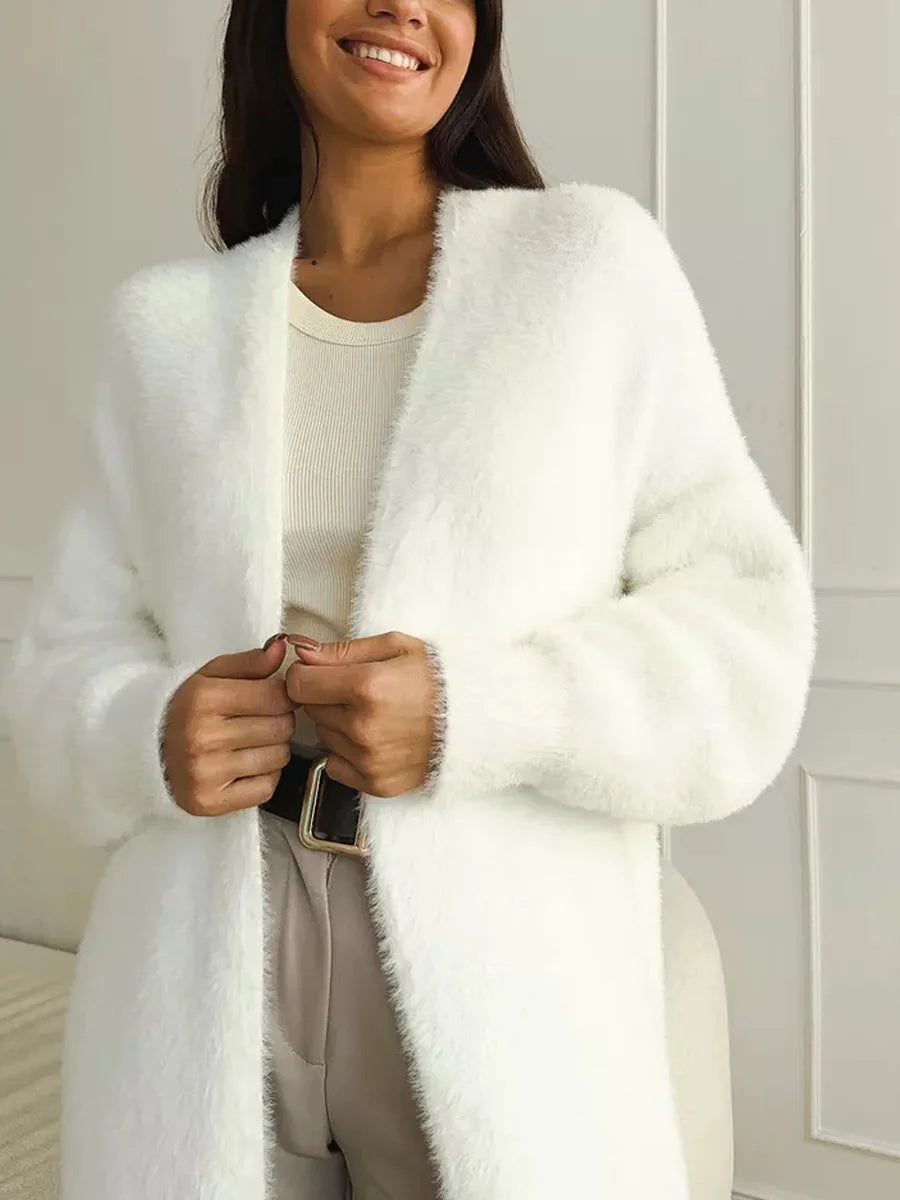 Women White Long Knit Cardigan Fluffy Cashmere Style Winter Sweater Coat