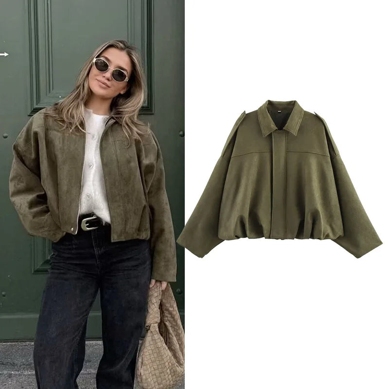 Women Bomber Jacket Vintage Turn Down Collar Loose Fit Coat Chic Outerwear