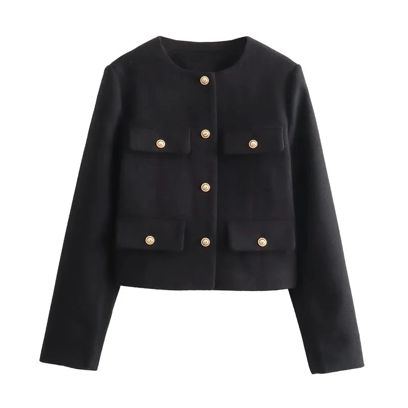 Women Tweed Cropped Jacket Vintage Button Long Sleeve Short Coat
