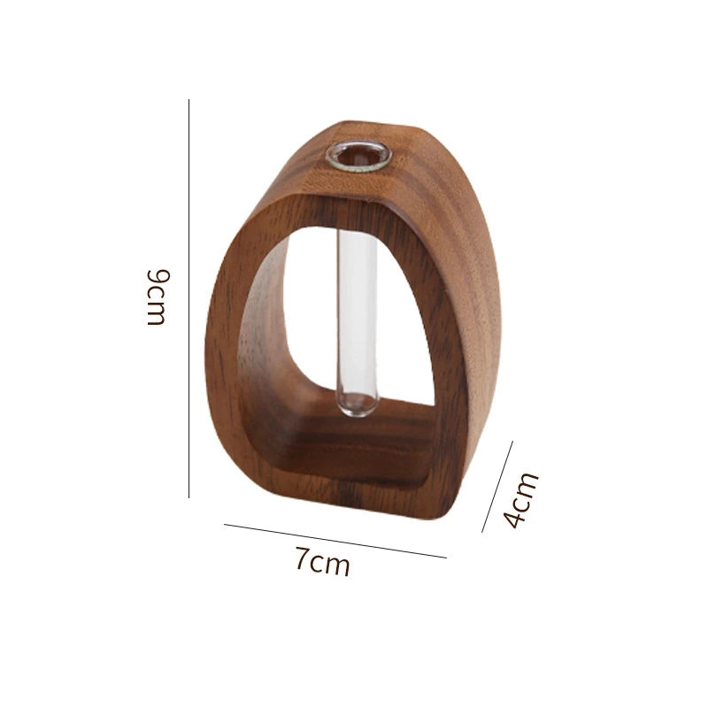Walnut Wood Hydroponic Vase Glass Plant Holder Mini Flower Arrangement Decor