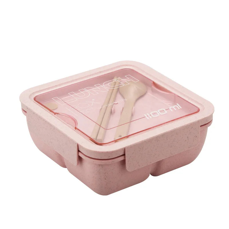 1100ml Lunch Box Bento Box with Spoon & Chopsticks Microwave Safe Wheat Straw Food Container for Kids Adults School Office