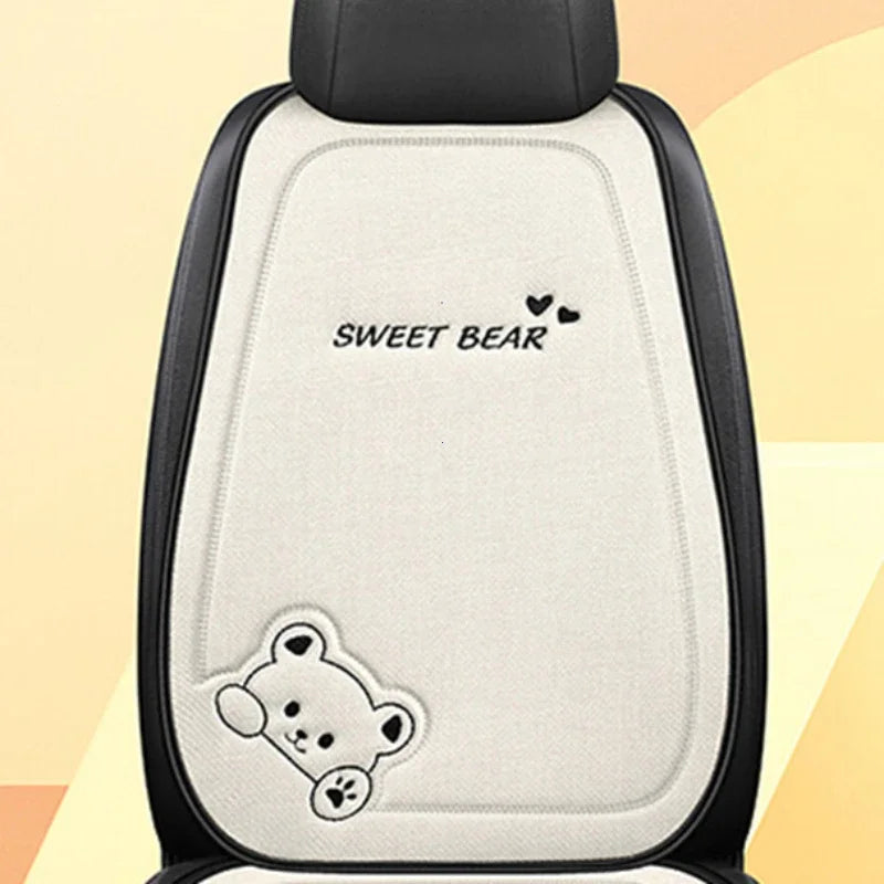 Cute Bear Car Seat Cushion Breathable Anti Slip Linen Seat Cover Universal