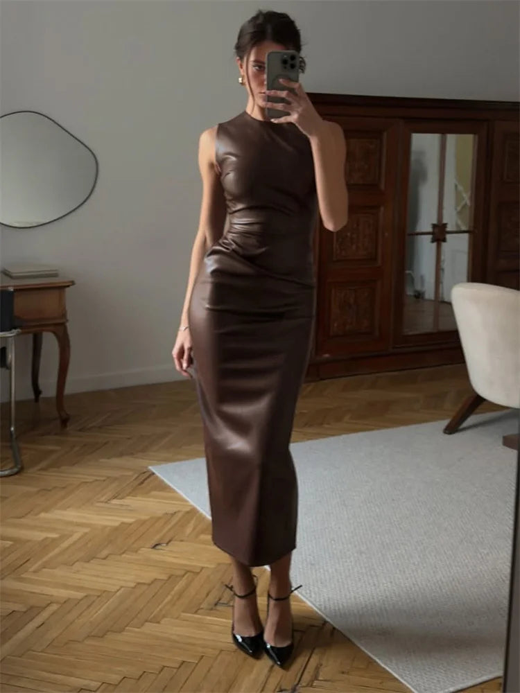 Women PU Bodycon Maxi Dress High Waist Sleeveless Slim Fit Streetwear