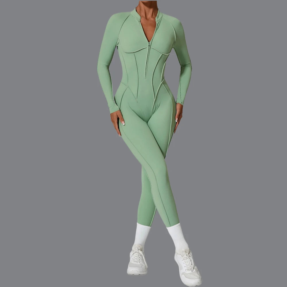 Women Zip Gym Jumpsuit Open Back Yoga Fitness Tracksuit Sports Bodysuit