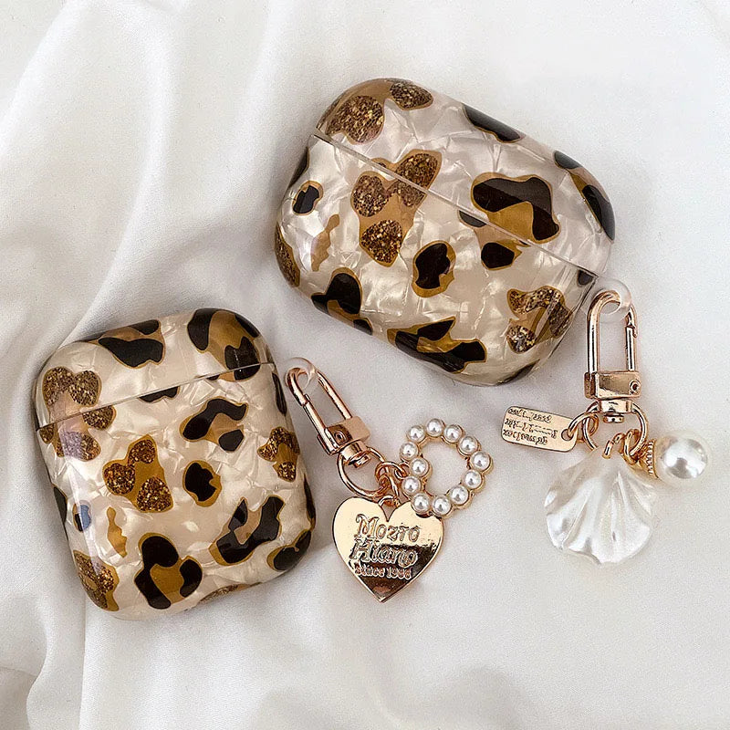 AirPods 1/2/3/Pro Pearl Leopard Case with Charm Luxury Protective Cover Shockproof Sleeve
