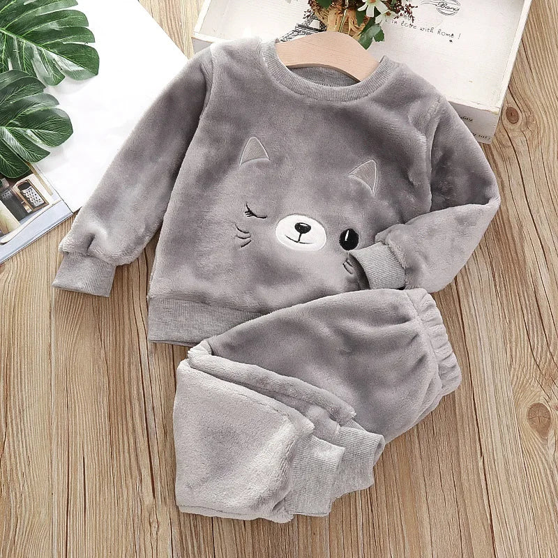 Kids Bear Pajama Set Soft Winter Sleepwear 2PCS Outfit