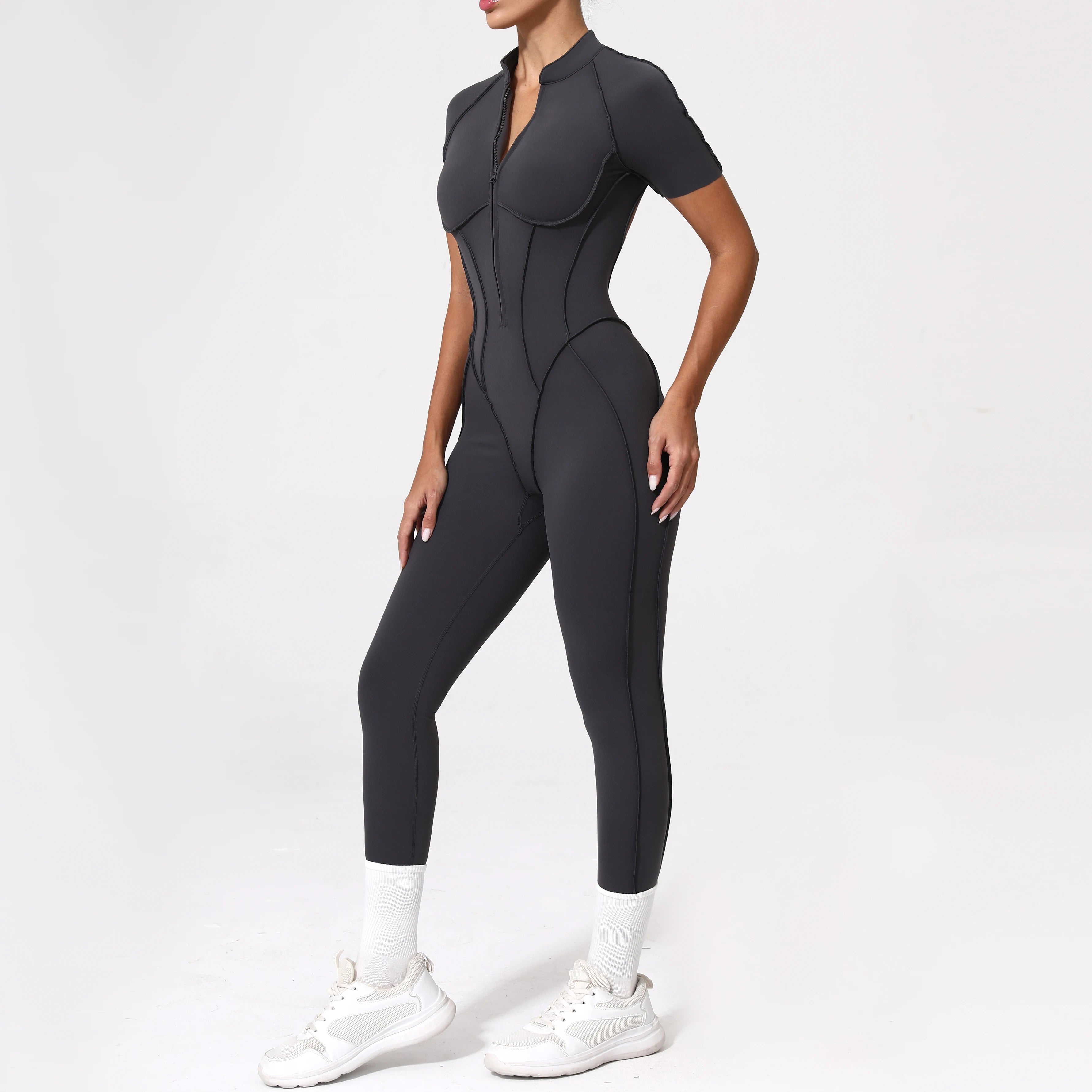 Women Backless Yoga Jumpsuit Zipper Gym Fitness Bodysuit Sportswear