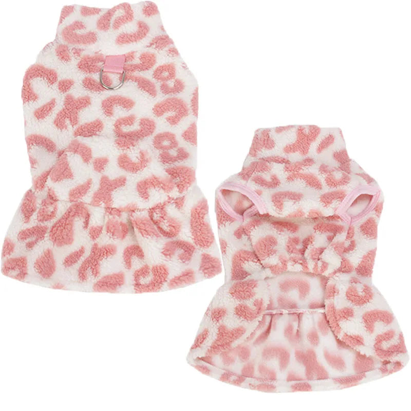 Small Dog Leopard Fleece Dress Hoodie Winter Pet Pullover Vest