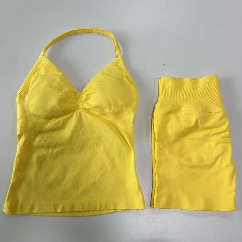 Yoga Set Women Seamless Tank Top High Waist Scrunch Shorts Gym Workout Set