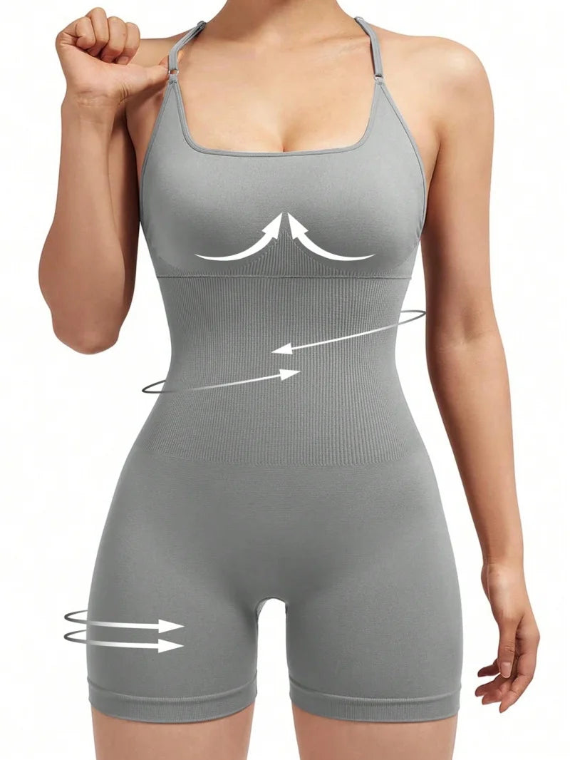 Women Adjustable Fitness Jumpsuit Backless Yoga Romper with Scrunch Shorts