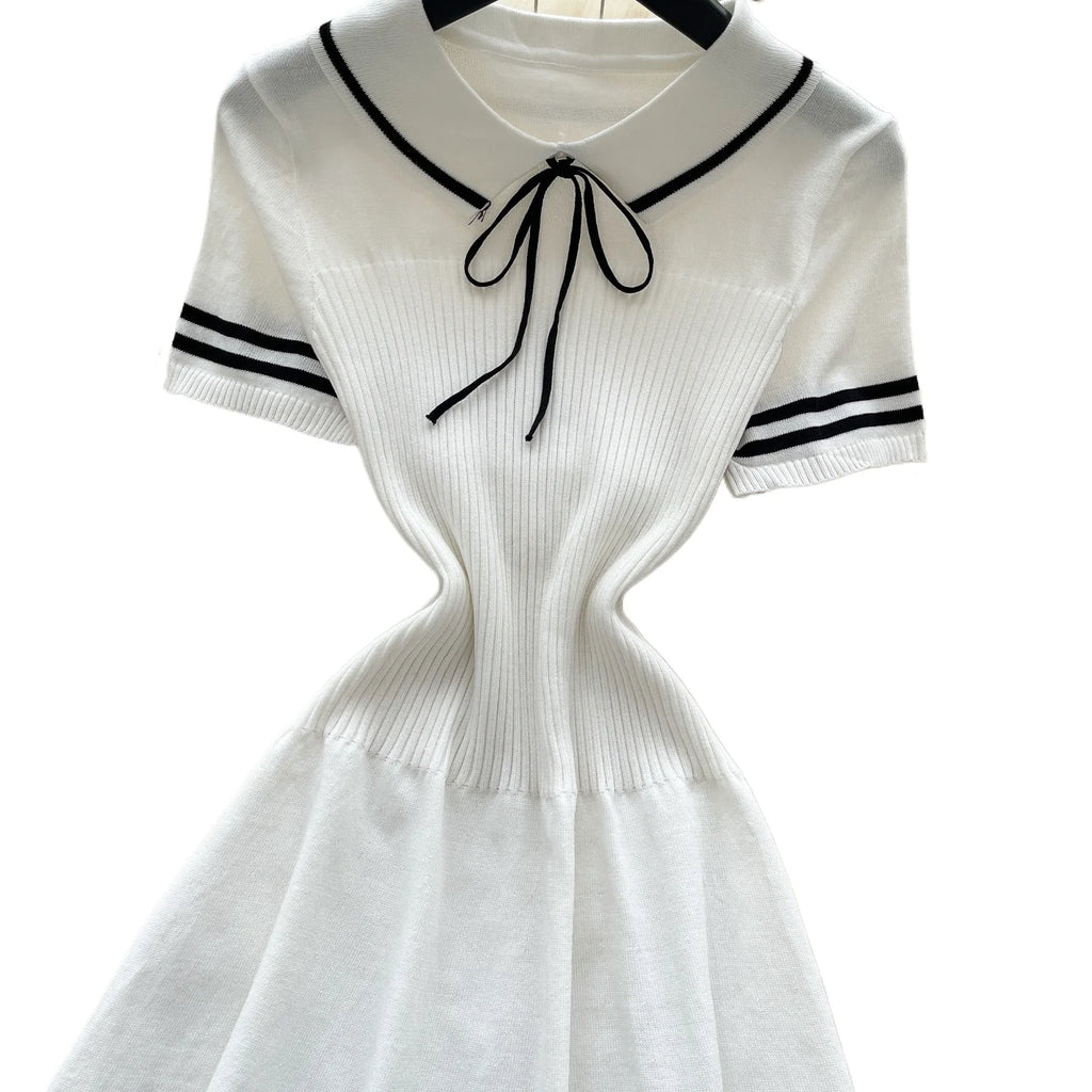 Women’s White Peter Pan Collar Bow Mini Dress Striped Hem A-Line Sundress