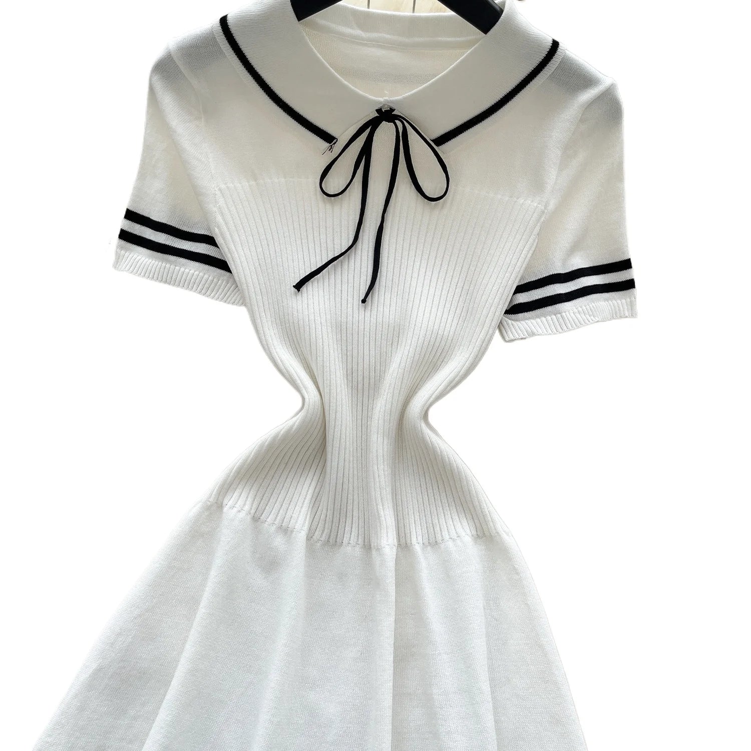 Women’s White Peter Pan Collar Bow Mini Dress Striped Hem A-Line Sundress