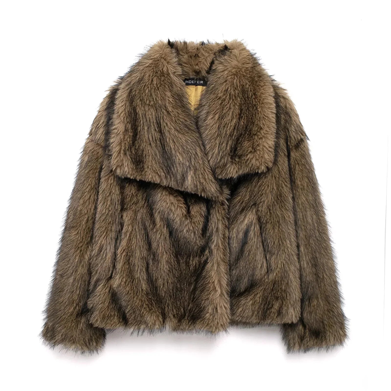 Women Brown Faux Fur Jacket Oversized Turn Down Collar Elegant Spring Summer Coat