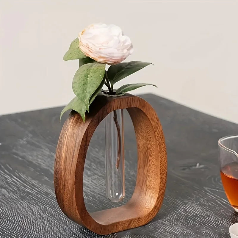 Walnut Wood Hydroponic Vase Glass Plant Holder Mini Flower Arrangement Decor